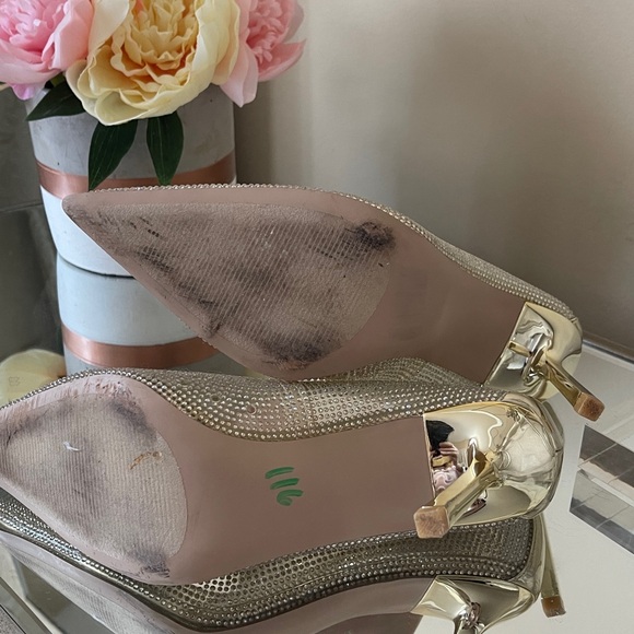 Steve Madden Metallic Gold Sparkling Heels Pointed Toe Rhinestone Clear Pumps - Picture 8 of 11